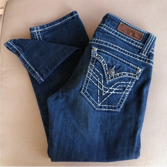 Vigoss Tick Stitch Ring-stone button flap embellished back Pocket Capri Jeans 28 - Picture 15 of 16